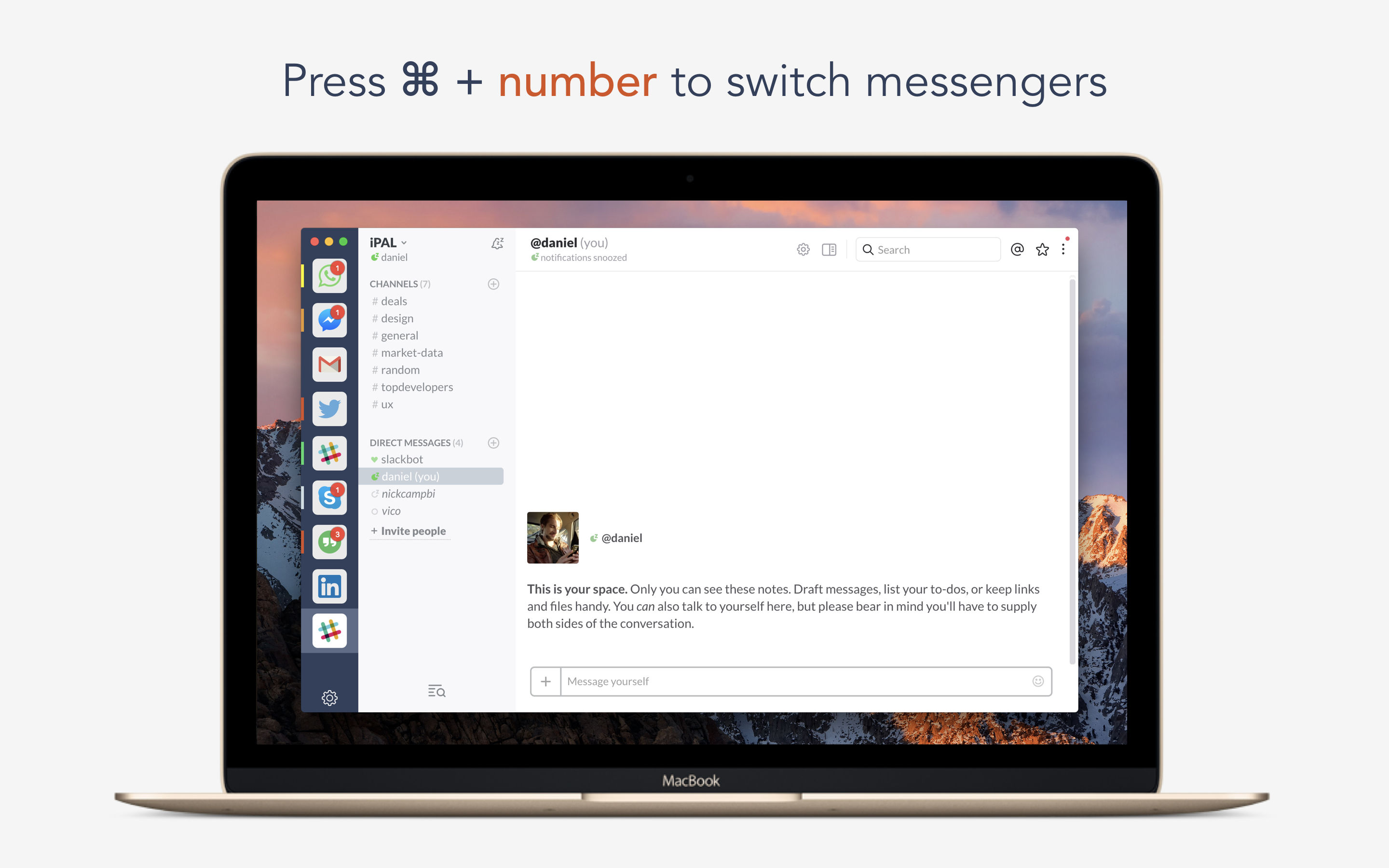 Press ⌘ + number to switch messengers