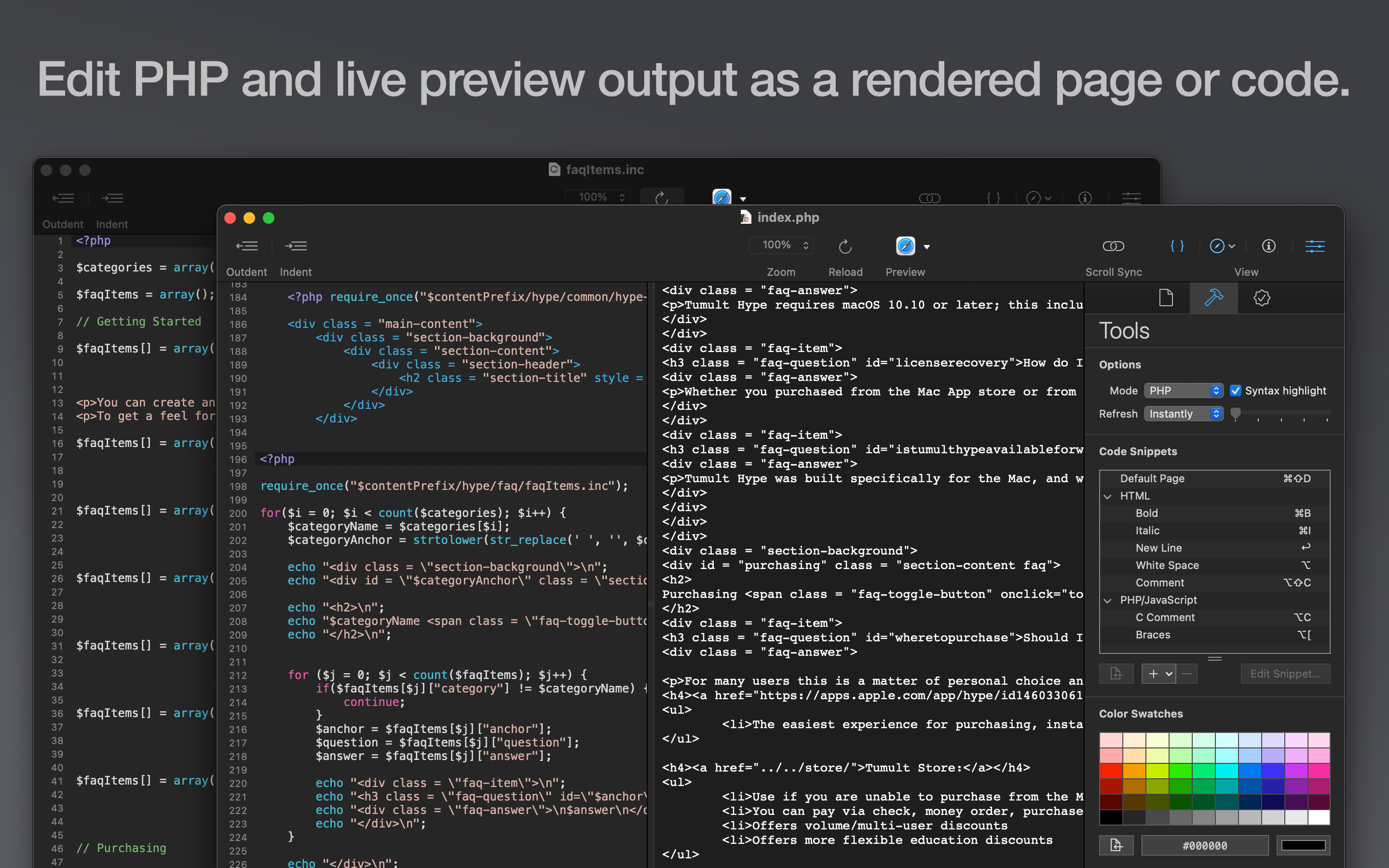 Edit PHP and live preview output as a rendered page or code.