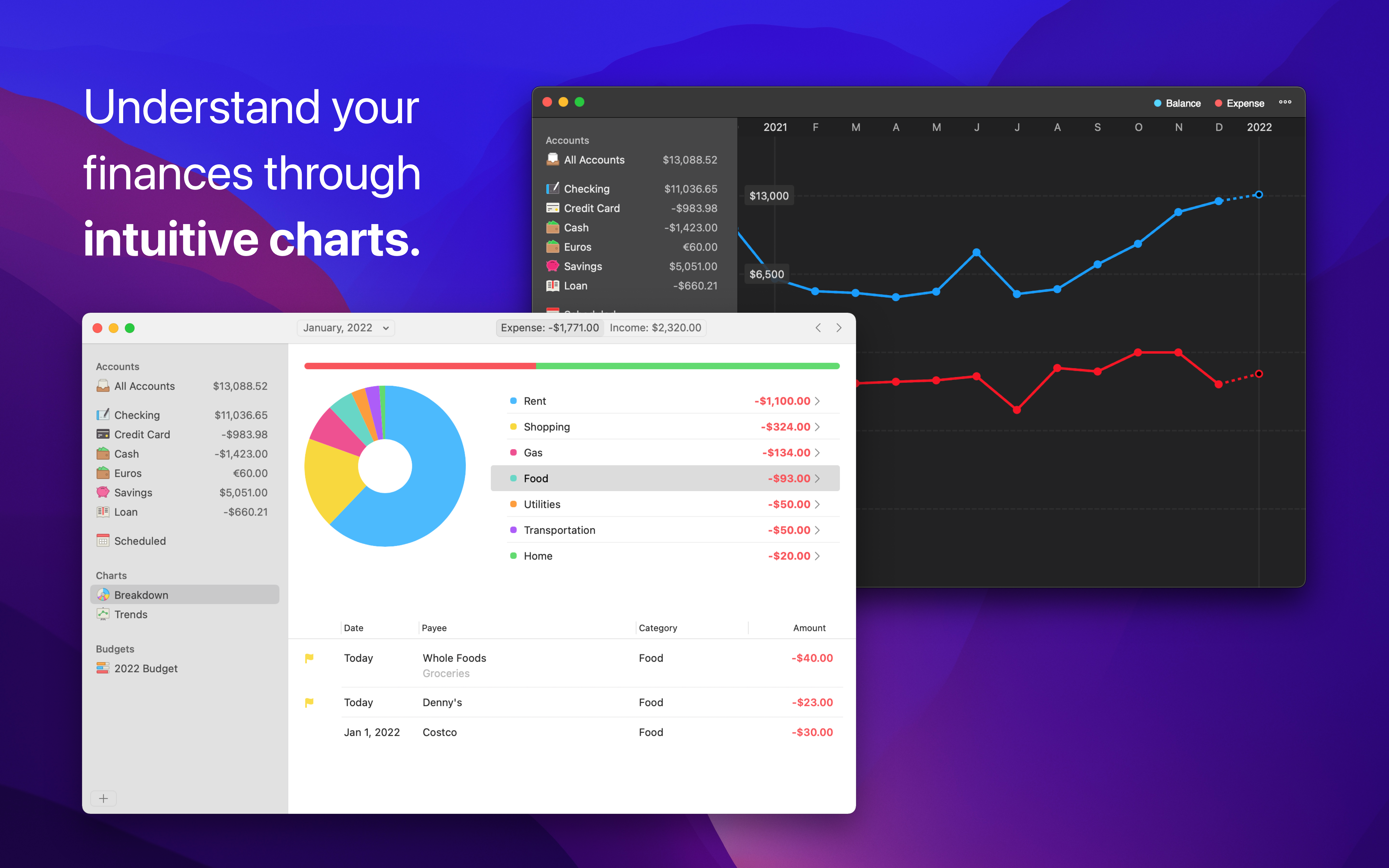 Understand your finances through intuitive charts.