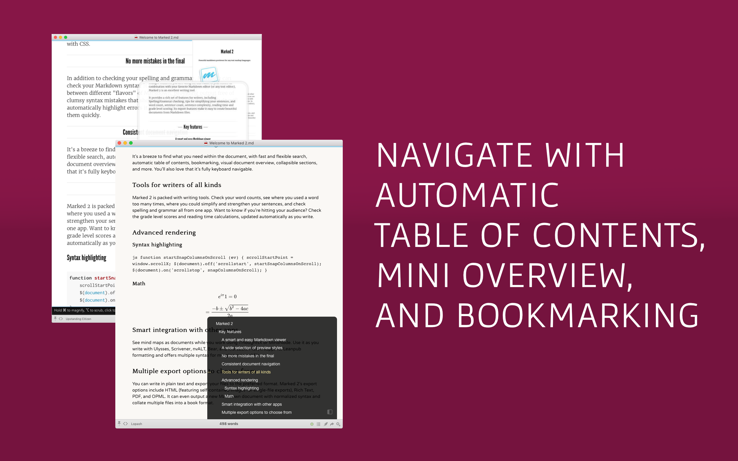 Navigate with automatic table of contents, mini overview, and bookmarking.