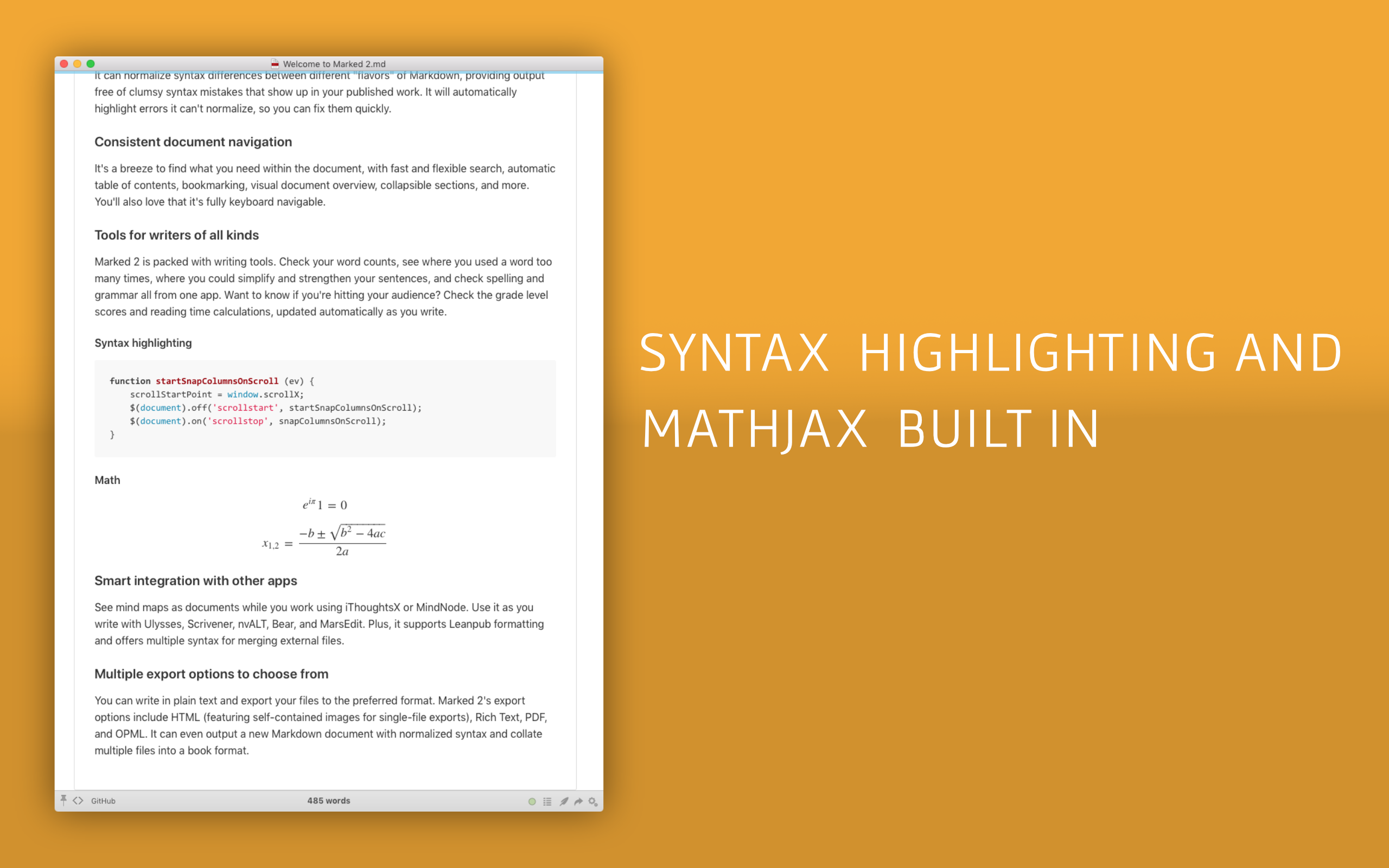 Syntax highlighting and mathjax built in.