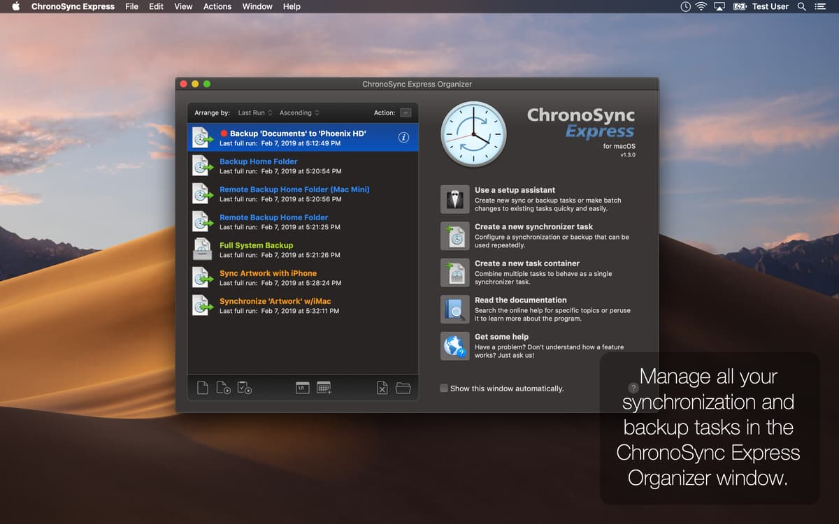Manage all your synchronization and backup tasks in the ChronoSync Express Organizer window.