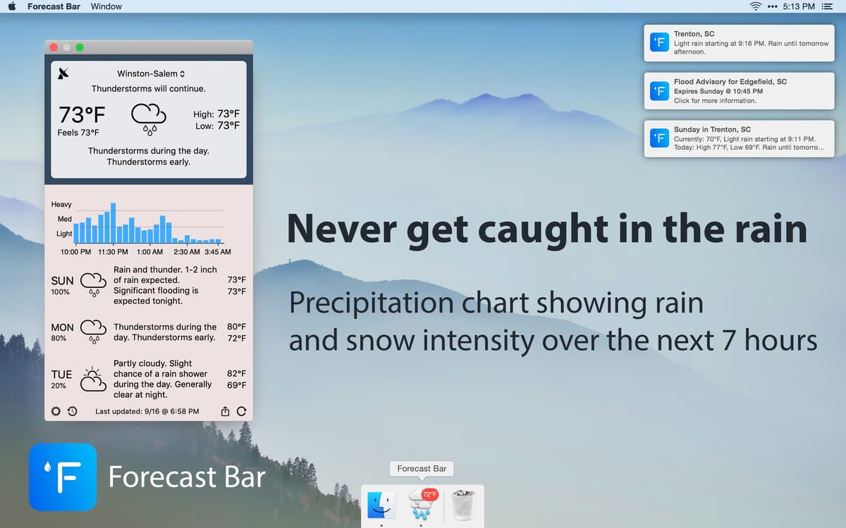 Never get caught in the rain - Precipitation chart showing rain and snow intensity over the next 7 hours