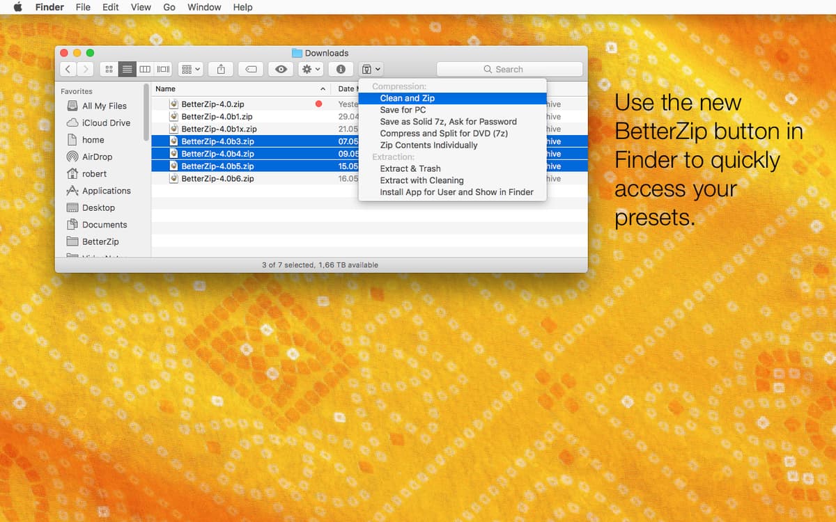 Use the new BetterZip button in Finder to quickly access your presets.