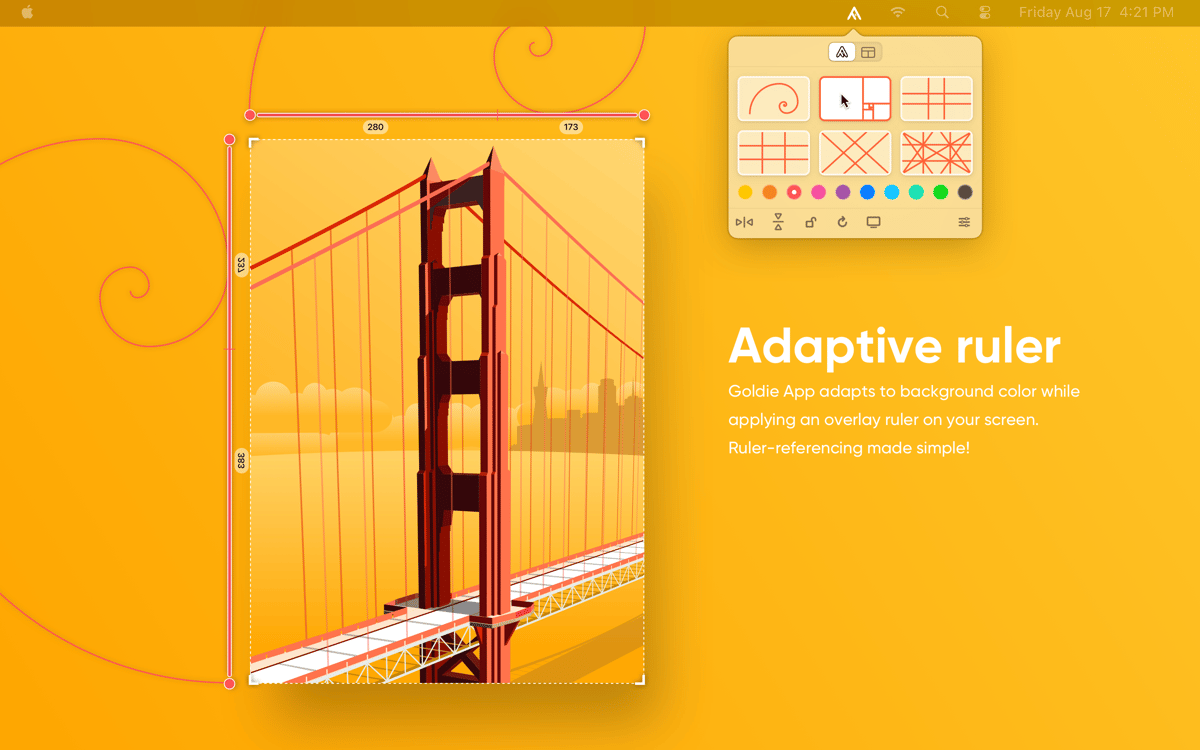 Adaptive ruler - Goldie App adapts to background color while applying an overlay ruler on your screen. Ruler-referencing made simple!