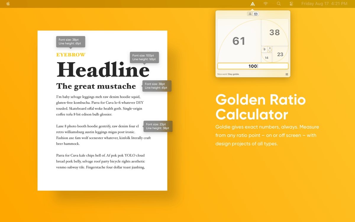 Golden Ratio Calculator - Goldie gives exact numbers, always. Measure from any ratio point on or off screen with design projects of all types.
