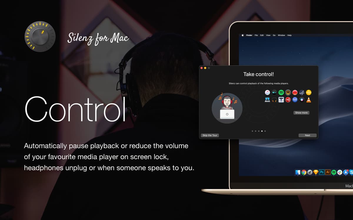 Control - Automatically pause playback or reduce the volume of your favourite media player on screen lock, headphones unplug or when someone speaks to you.