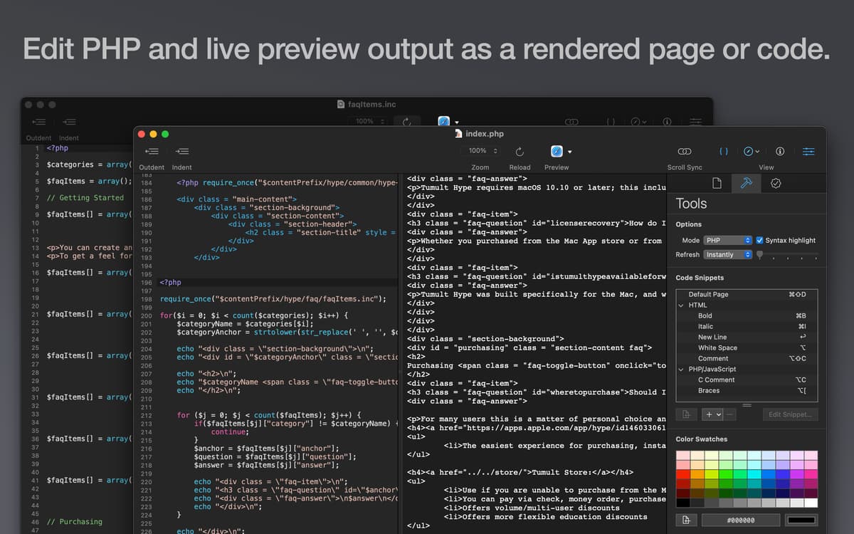 Edit PHP and live preview output as a rendered page or code.