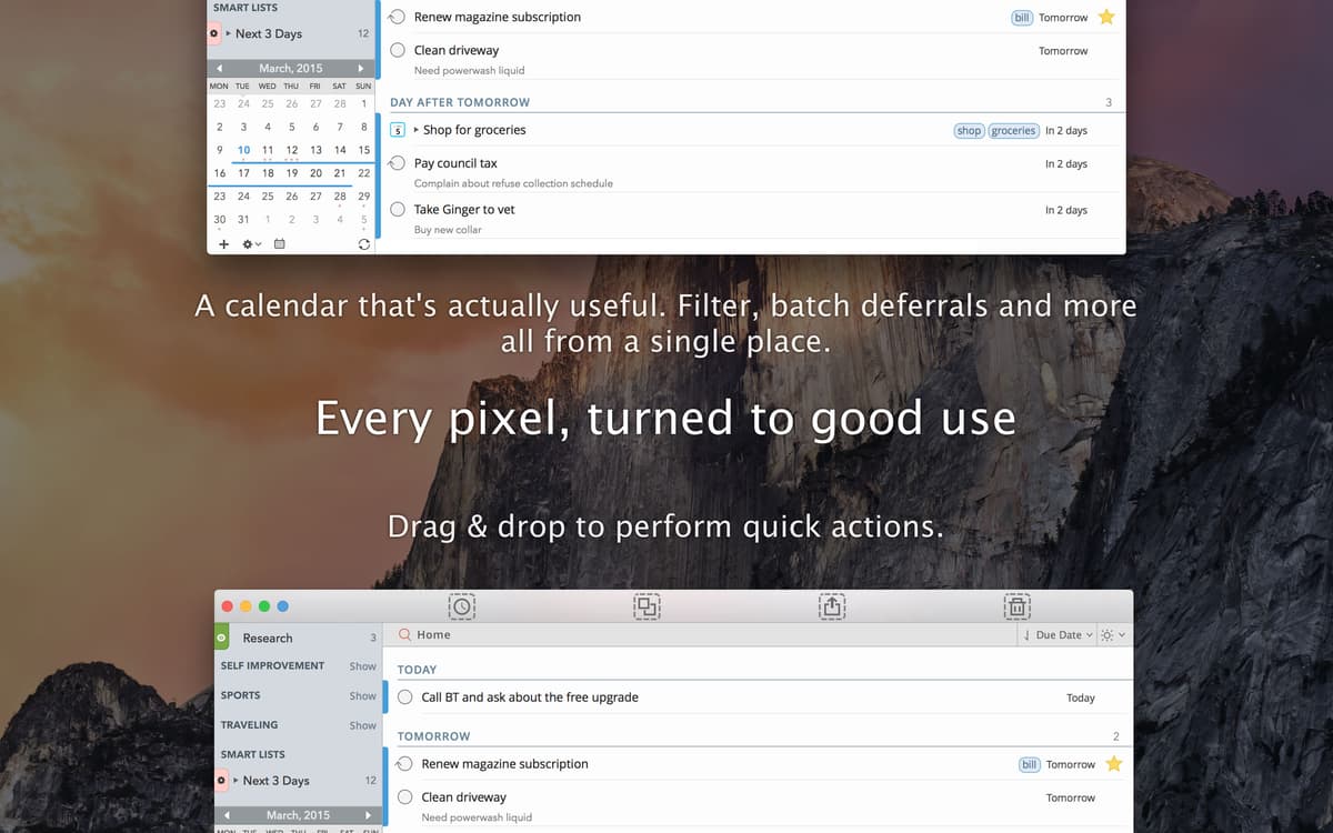2Do has a calendar that's actually useful. Filter, batch deferrals and more all from a single place.