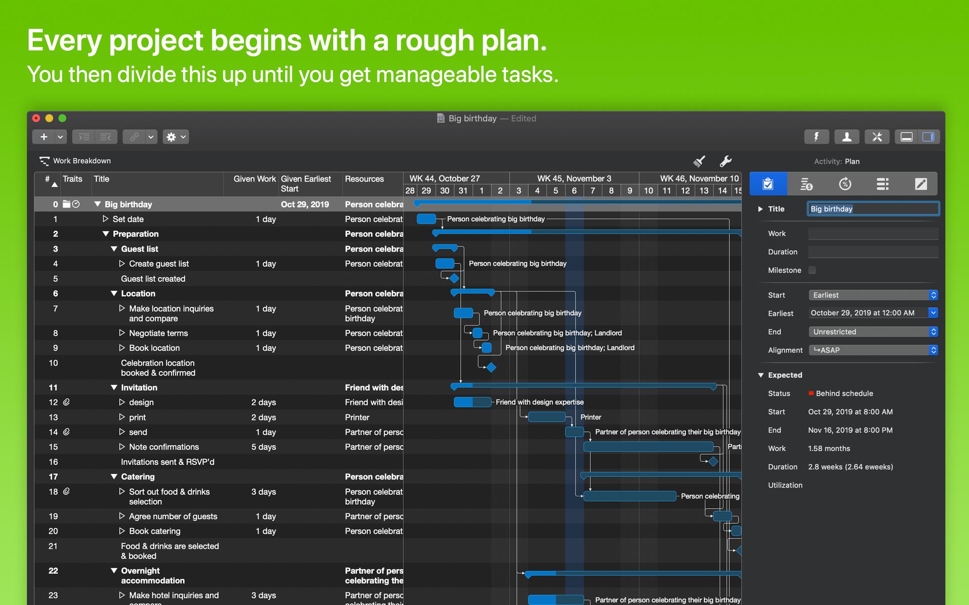 Every project begins with a rough plan. You then divide this up until you get manageable tasks.